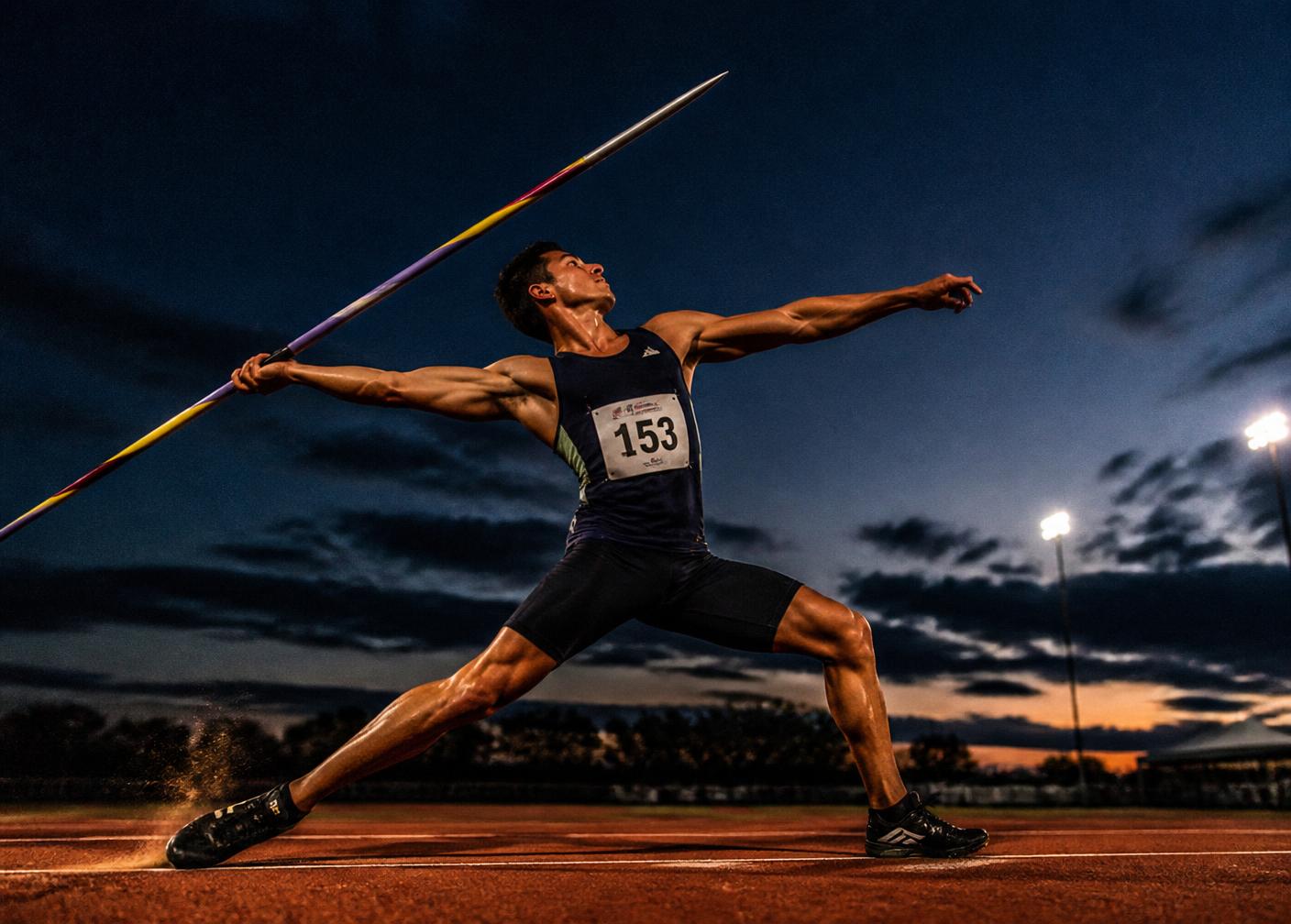 Illustrated night scene of a javelin release under stadium lights